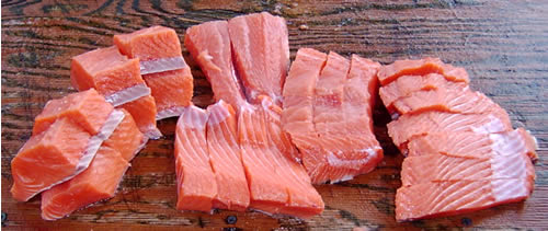 Kenai Riverfront unique King Salmon filleting method results in beautiful fillets ready to cook, resembling retail beef cuts